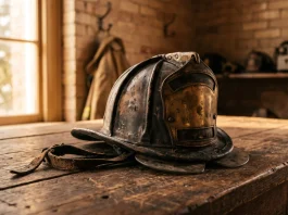 A close-up of a firefighter's helmet in warm light.