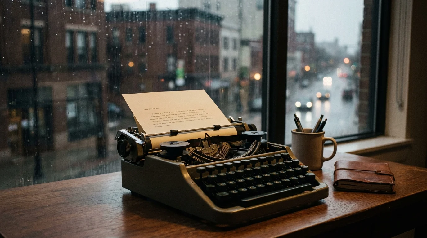 A typewriter with a threatening letter on a desk overlooking a rainy city.