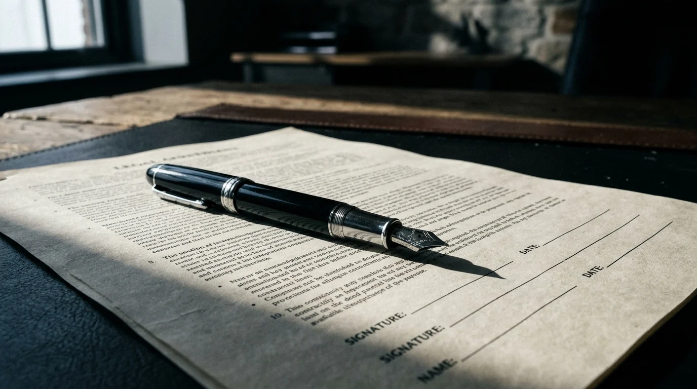 A close-up of a pen and a legal document on a desk.