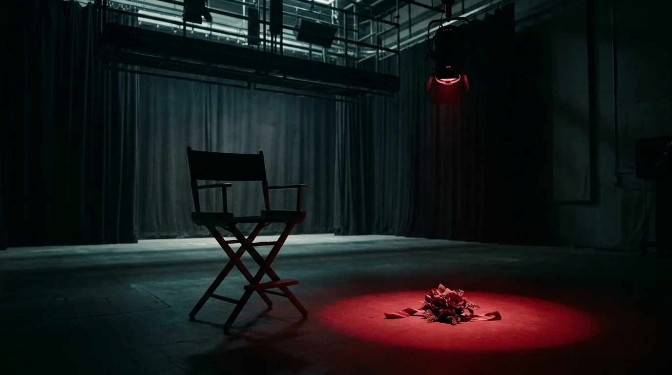 A silhouette of a director's chair on a dark stage with a prom corsage.