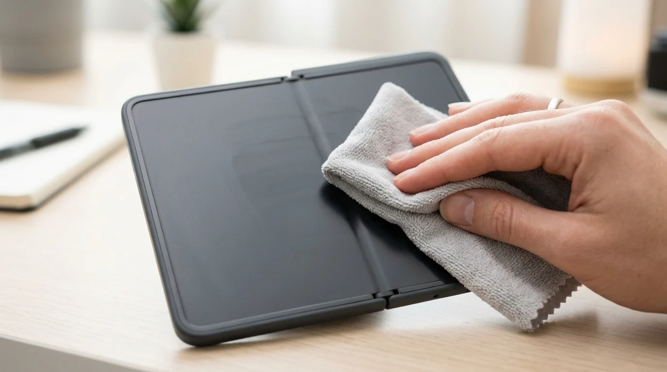 A hand cleaning a matte foldable screen with a microfiber cloth.