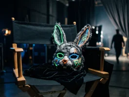 A cinematic bunny mask resting on a film director's chair.