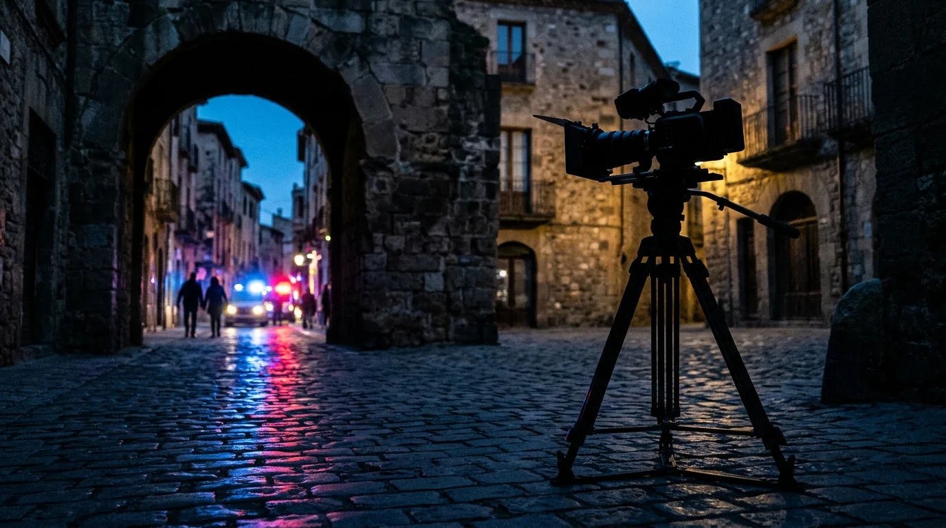 France Curfews Impact Filming for The White Lotus and Ocean’s Eleven Prequel 1 A silhouette of film equipment on a city street at night with emergency light reflections.