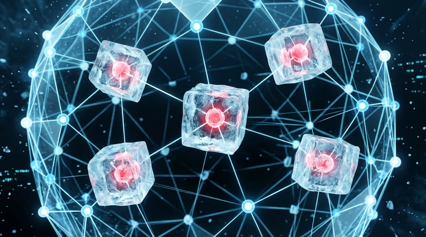 Abstract visualization of a digital network with frozen red nodes.