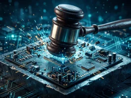 A gavel striking a glowing circuit board to represent government regulation of AI.