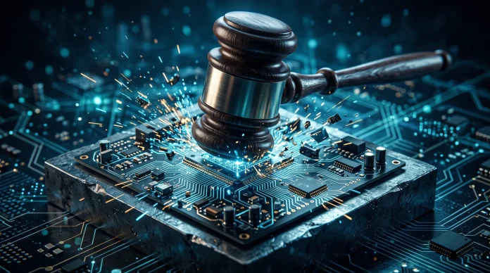 A gavel striking a glowing circuit board to represent government regulation of AI.