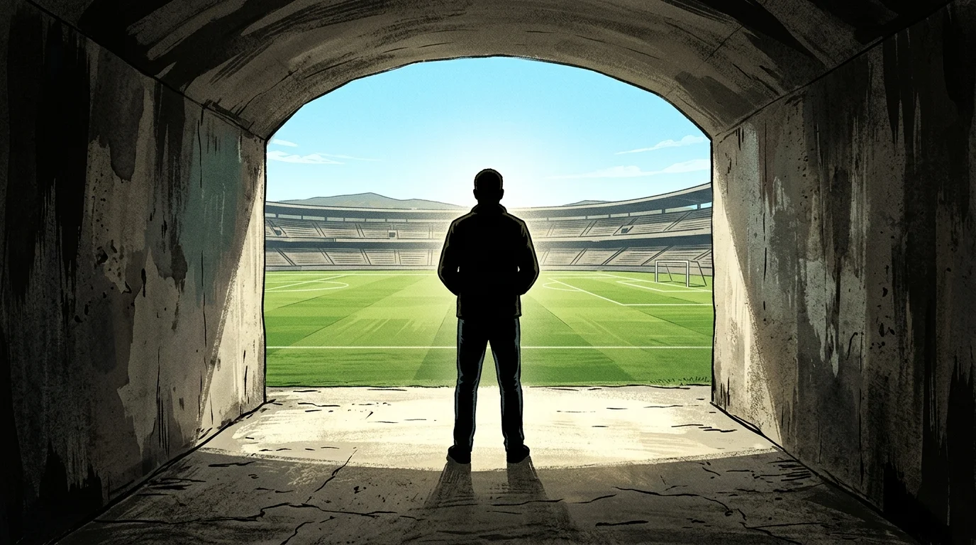 A silhouette at a stadium tunnel looking out onto the pitch.
