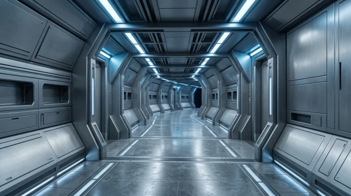 A conceptual depiction of a sleek, futuristic sci-fi corridor