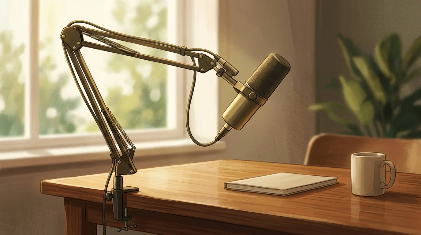 A broadcast microphone in a warm room setting.