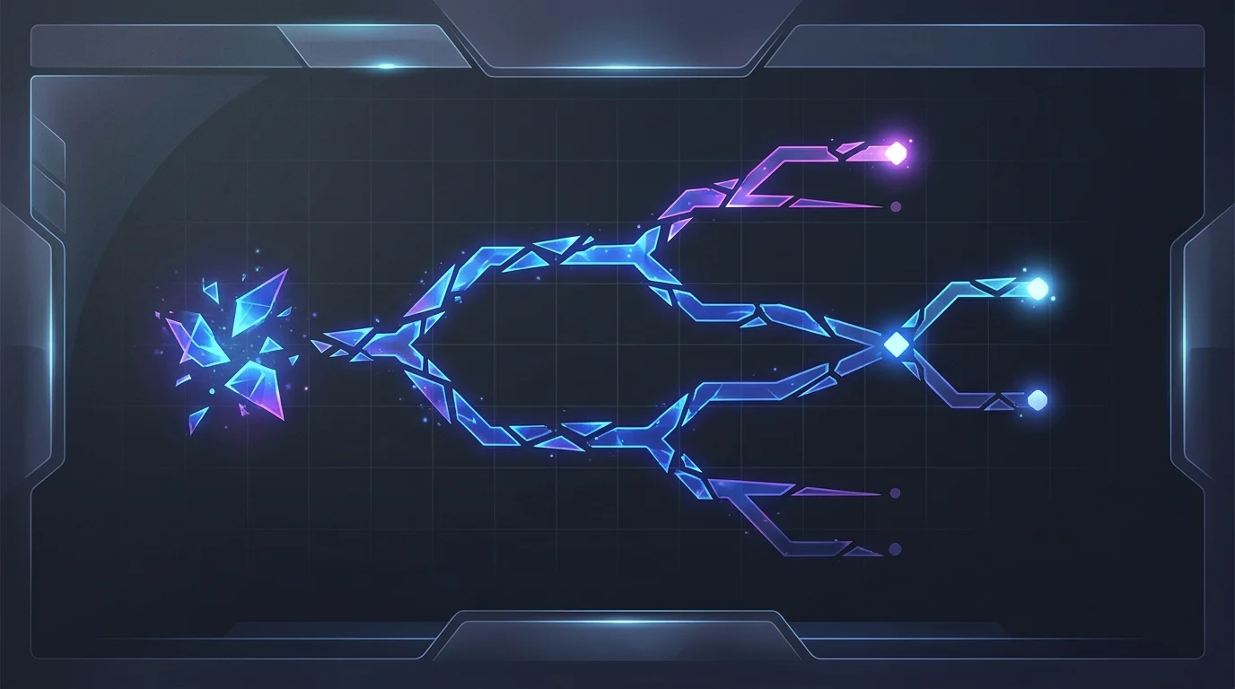 Conceptual art showing digital shards and evolution progress paths.