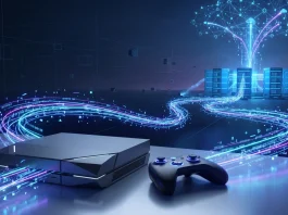 Conceptual 3D render of gaming hardware and digital data streams.