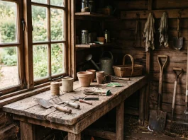 A quiet gardening shed with tools and empty pots in soft natural light.