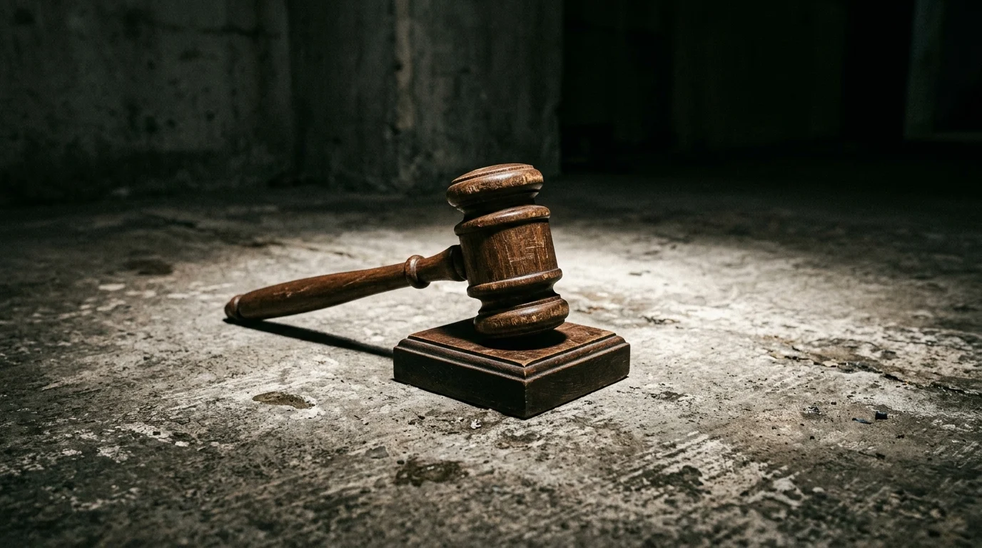A wooden judge's gavel resting on a cracked concrete floor under a spotlight.