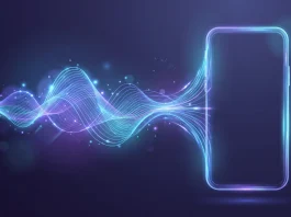 A conceptual digital wave flowing into a smartphone silhouette representing AI communication.