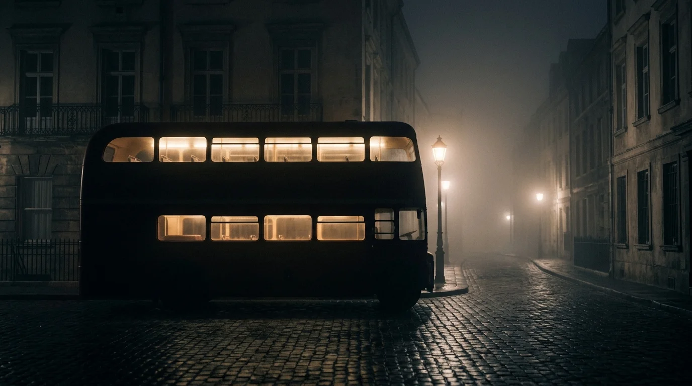 A conceptual silhouette of a bus in the fog.