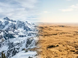 Conceptual split-screen landscape representing Montana and Texas geography.