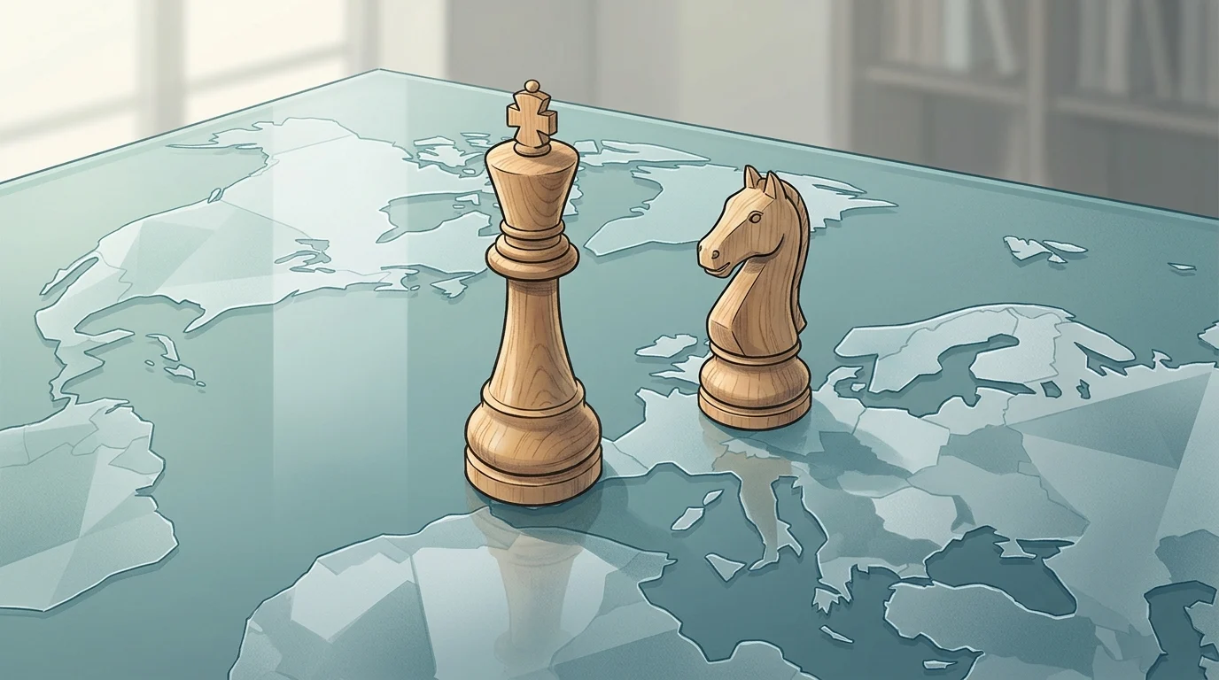 A conceptual illustration of chess pieces on a world map representing global diplomacy.