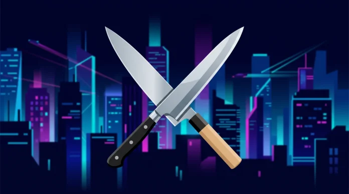 Conceptual art of a chef's knife and sushi blade over a futuristic city background.