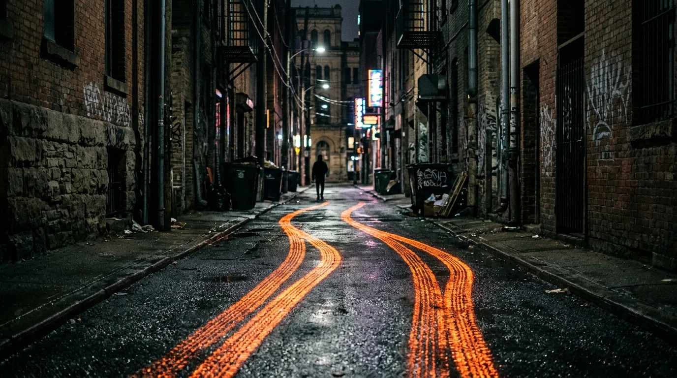 Glowing motorcycle tire tracks on a dark city street.
