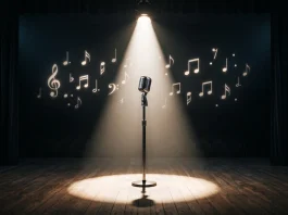 Conceptual art of a musical stage with a spotlight and microphone.