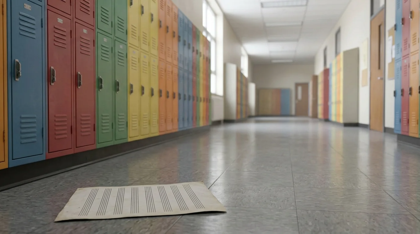 An empty high school hallway representing the setting of the reboot.