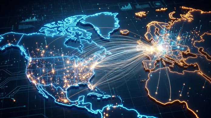 A conceptual visualization of a global digital money laundering network connecting the US to Eastern Europe.