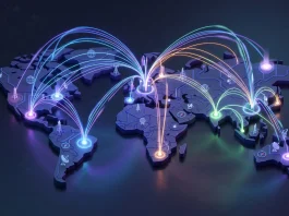 A conceptual 3D world map with glowing connection lines.