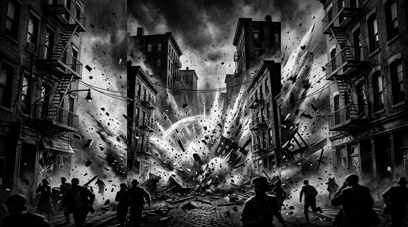 An abstract 1940s city street during a disaster.