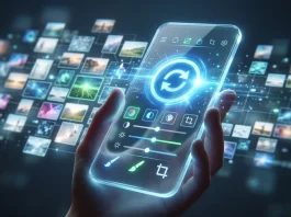 A conceptual representation of photo editing and app synchronization on a smartphone.