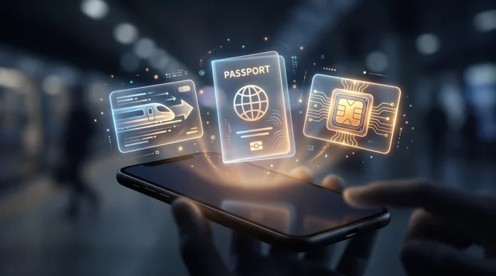Conceptual 3D illustration of a smartphone showing digital wallet items like IDs and transit passes.