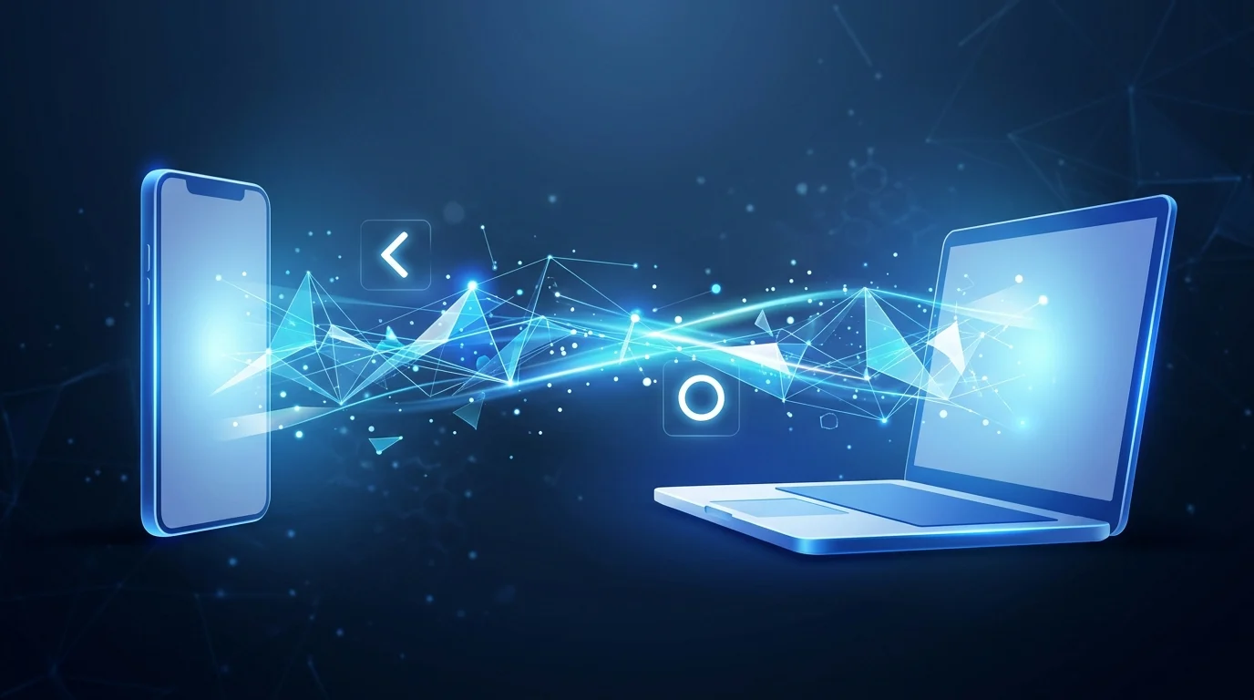 Conceptual illustration of a smartphone and laptop ecosystem synchronization.