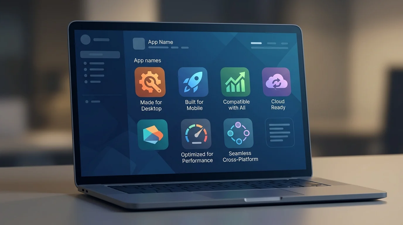 A laptop display showing different app compatibility labels for Android software in a desktop environment.