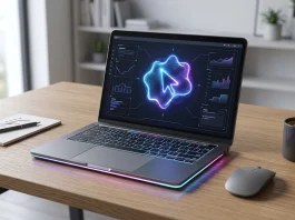 A premium laptop featuring a glowing notification bar and a specialized AI cursor interface on a clean workspace.