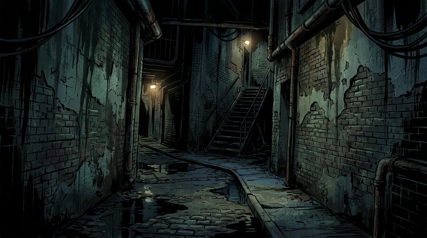 A dark, atmospheric corridor in a stylized Gotham.