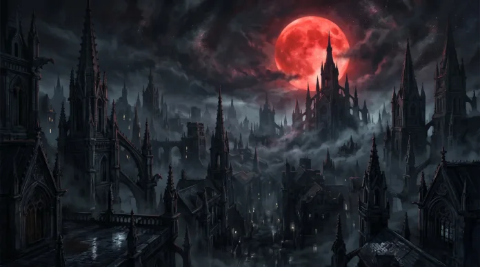 A conceptual digital painting of a gothic Victorian city under a red moon.