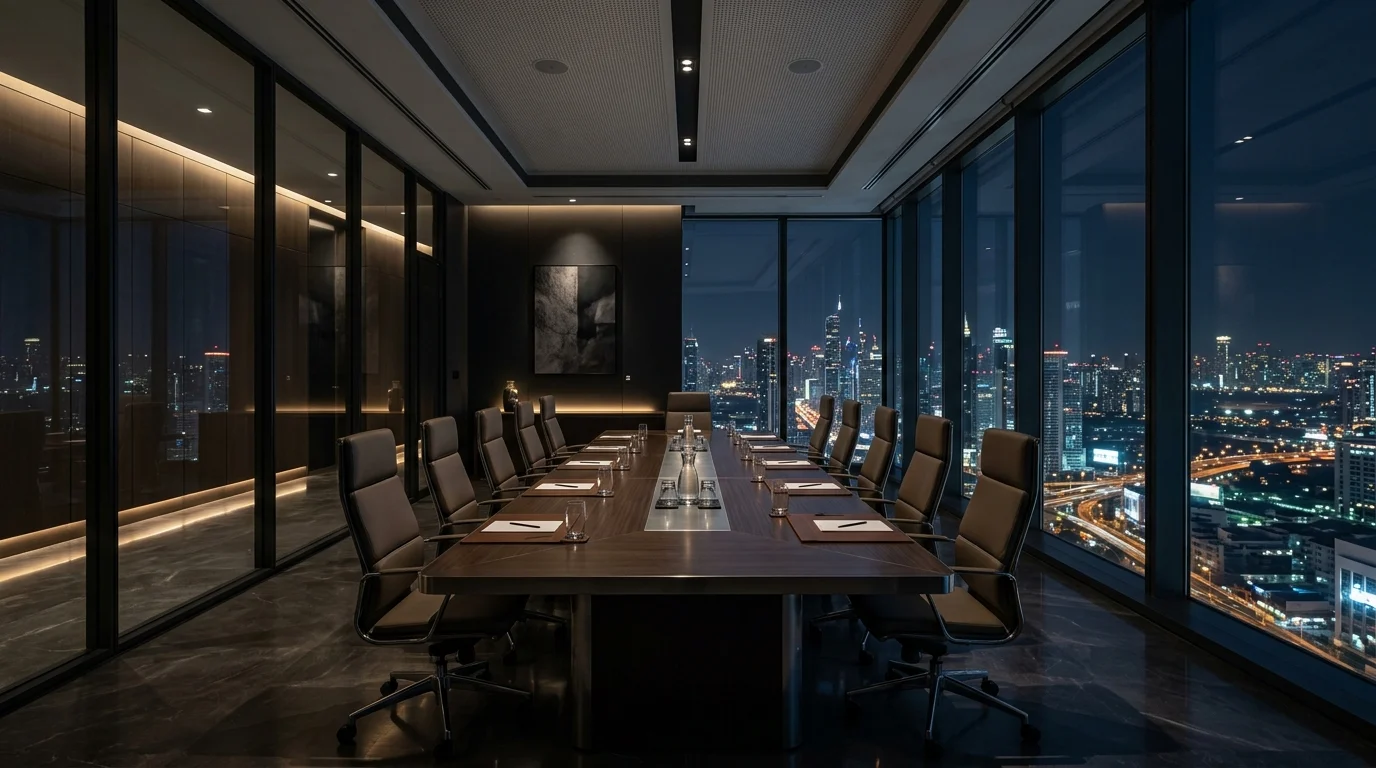 A modern luxury office boardroom at night.