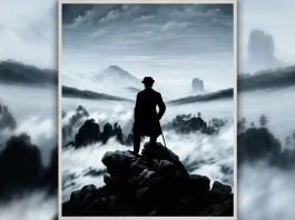 A silhouette of a 19th-century man standing on a snowy mountain ridge in the Alps.