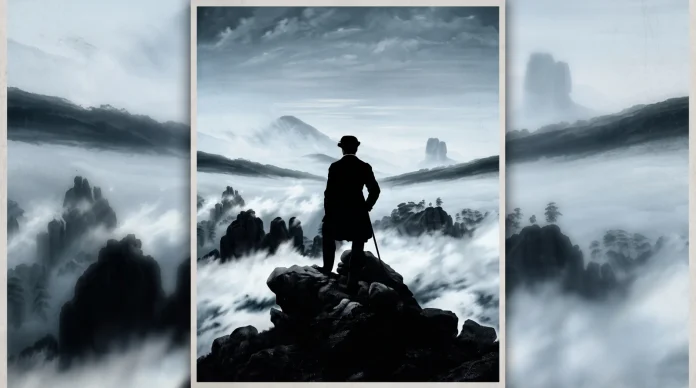A silhouette of a 19th-century man standing on a snowy mountain ridge in the Alps.