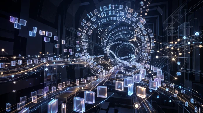 Conceptual 3D digital library representation with floating glass books.