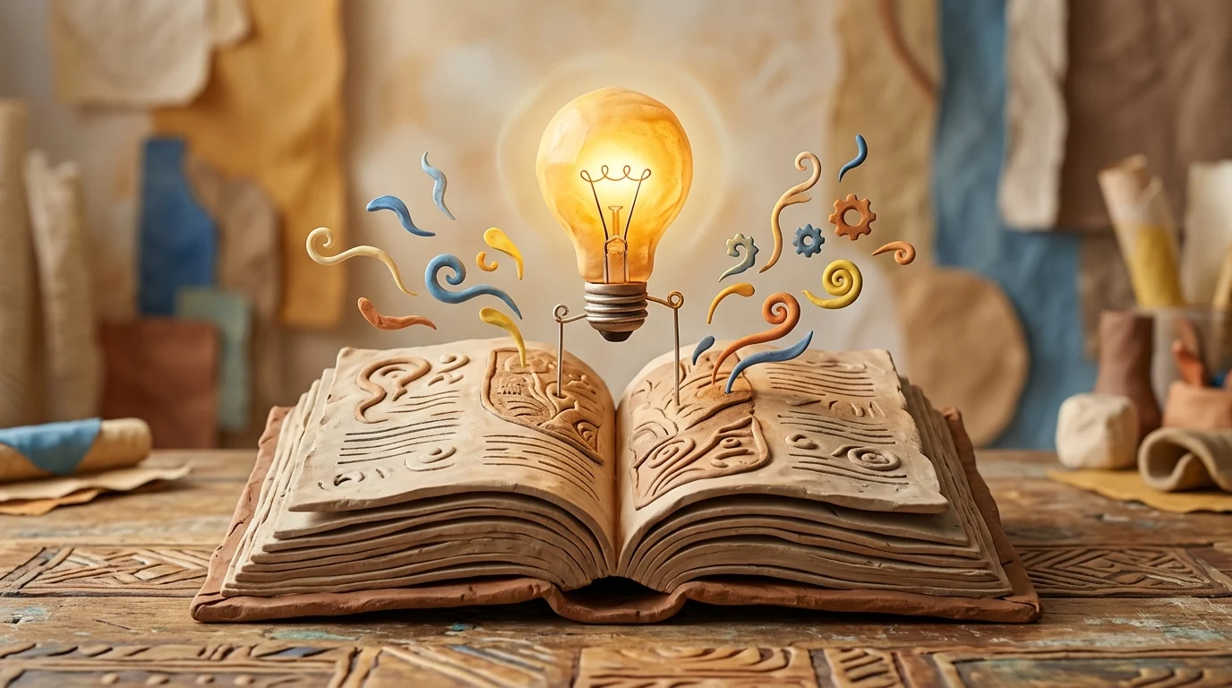 A clay-textured open book with a glowing lightbulb above it.