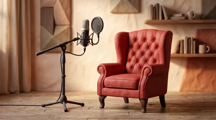 A conceptual 3D clay-style image of a microphone and an armchair in a studio.