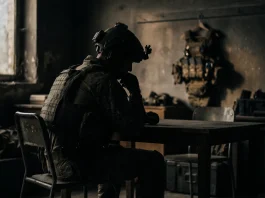 A silhouette of a soldier in a dark room reflecting the psychological themes of the Call of Duty film.