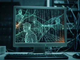 Conceptual image of a digital data breach on a computer monitor with character wireframes.