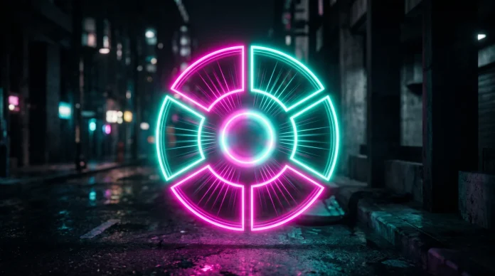 A stylized circular user interface glowing in a dark environment.