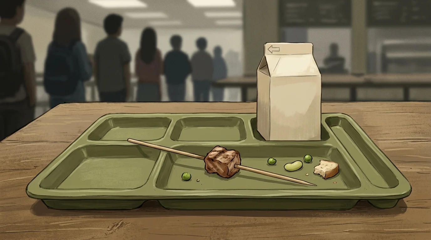 A conceptual cafeteria tray with a single meat skewer.