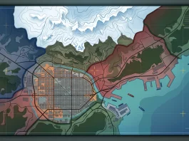 A digital tactical map showing different geographic zones on a screen.