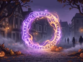 A glowing purple portal in a dark town square with pumpkins and autumn leaves.
