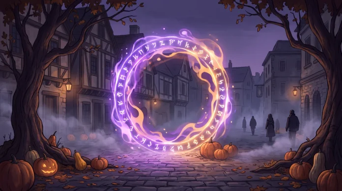A glowing purple portal in a dark town square with pumpkins and autumn leaves.