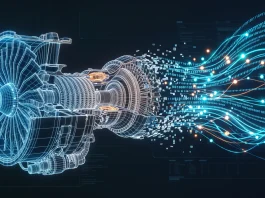 Conceptual visualization of hardware engineering merging with digital software code.