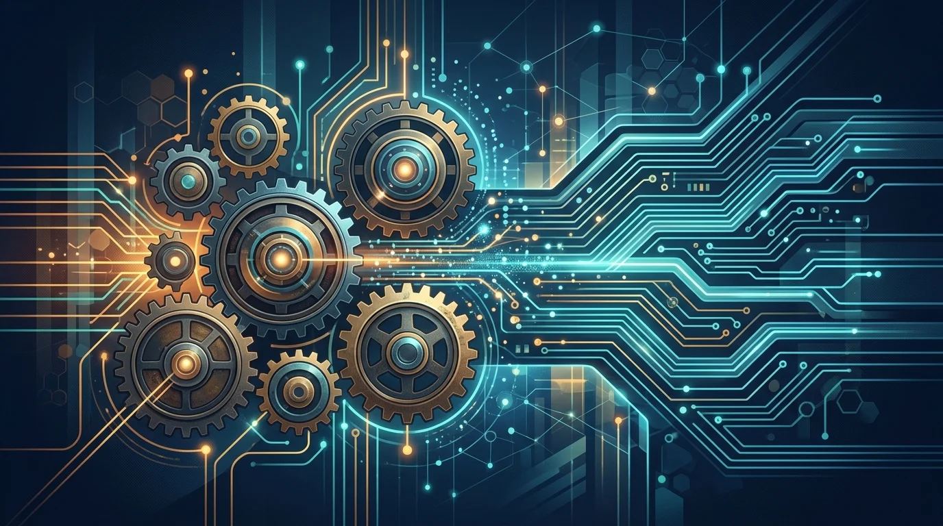 Conceptual digital art showing a network of circuits and gears.